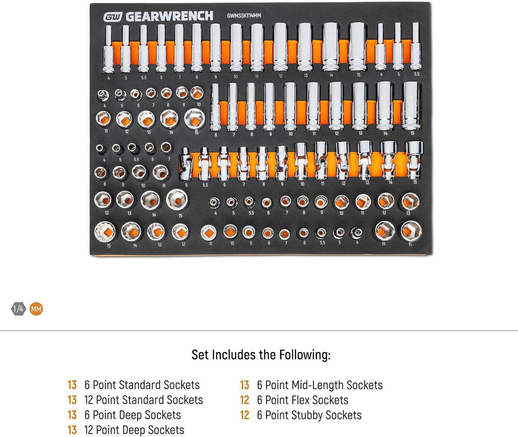 GEARWRENCH 89 Piece 1/4' Drive Master Metric Socket Set in Foam Storage Tray - GWMSSKT14MM