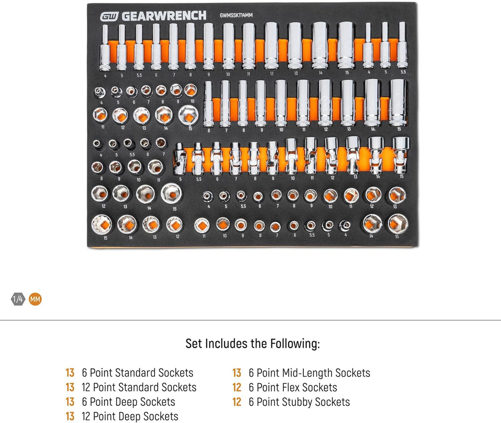 GEARWRENCH 89 Piece 1/4' Drive Master Metric Socket Set in Foam Storage Tray - GWMSSKT14MM (Pack of 6)