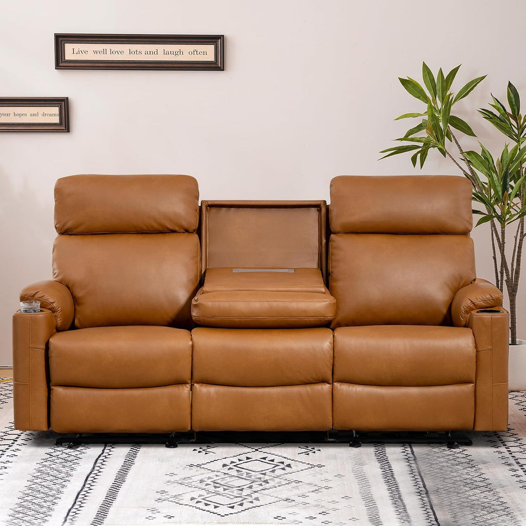 Power Reclining Sofa, Electric 3-Seat Dual Recliner Sofa with USB Ports, Cup Holders, Wall Hugger Sofa & Couch for Living Room Home Theater Apartment RV (Brown) | Drop-Down Table, Side Pocket, Extended Footrest, Breathable Material
