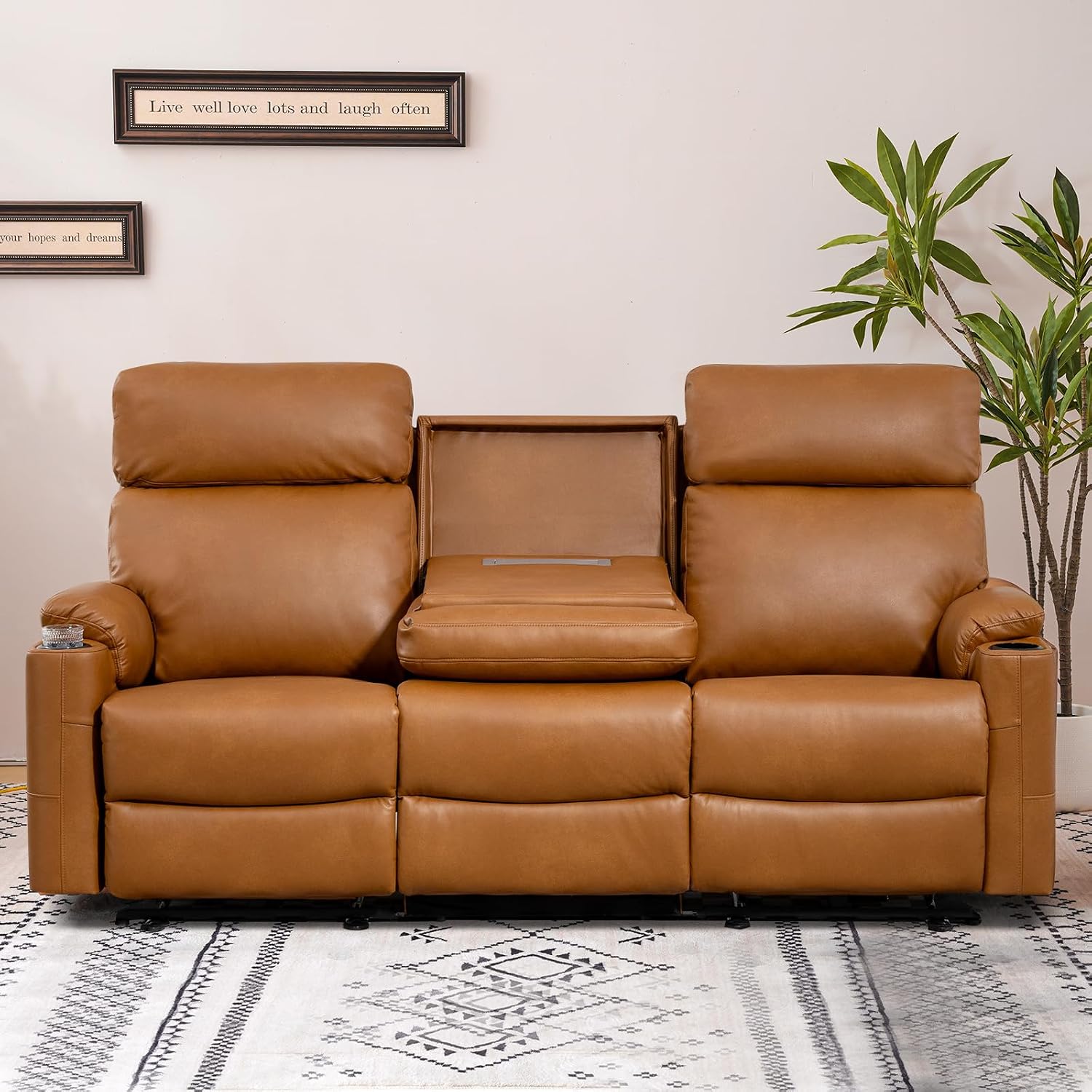 Power Reclining Sofa, Electric 3-Seat Dual Recliner Sofa with USB Ports, Cup Holders, Wall Hugger Sofa & Couch for Living Room Home Theater Apartment RV (Brown) | Drop-Down Table, Side Pocket, Extended Footrest, Breathable Material
