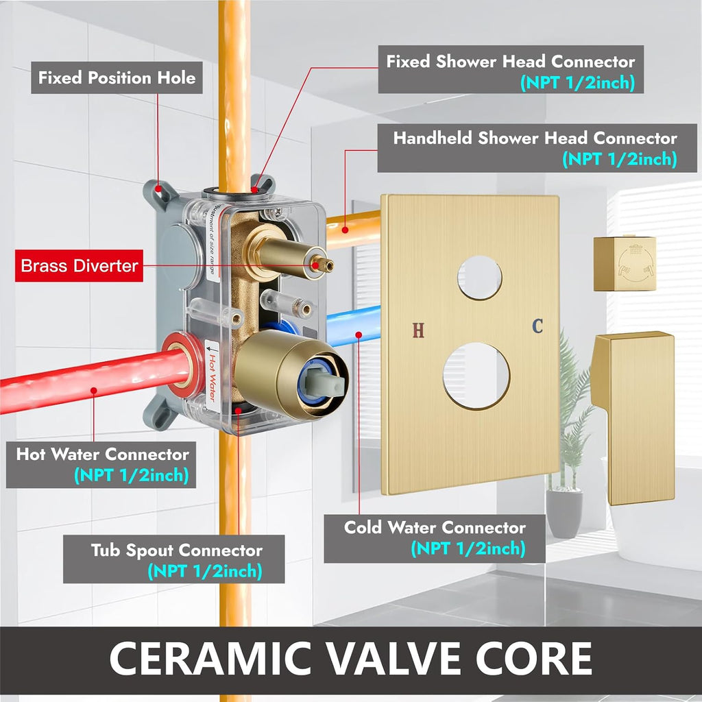 Midanya Shower System with Tub Spout,Bathtub Shower Faucet Set with Square Rainfall Head and Handheld Sprayer Wall Mount Tub Faucet Set with Valve and Trim Kit,10 Inch Brushed Gold