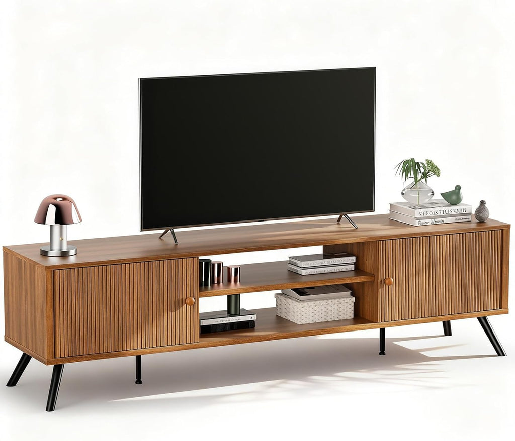 COMHOMA TV Stand for Living Room, Mid Century Modern Entertainment Center for 65/70/75 Inch TVs, Retro Brown TV Console with Fluted Door Cabinets and Open Adjustable Shelve Storage for Bedroom