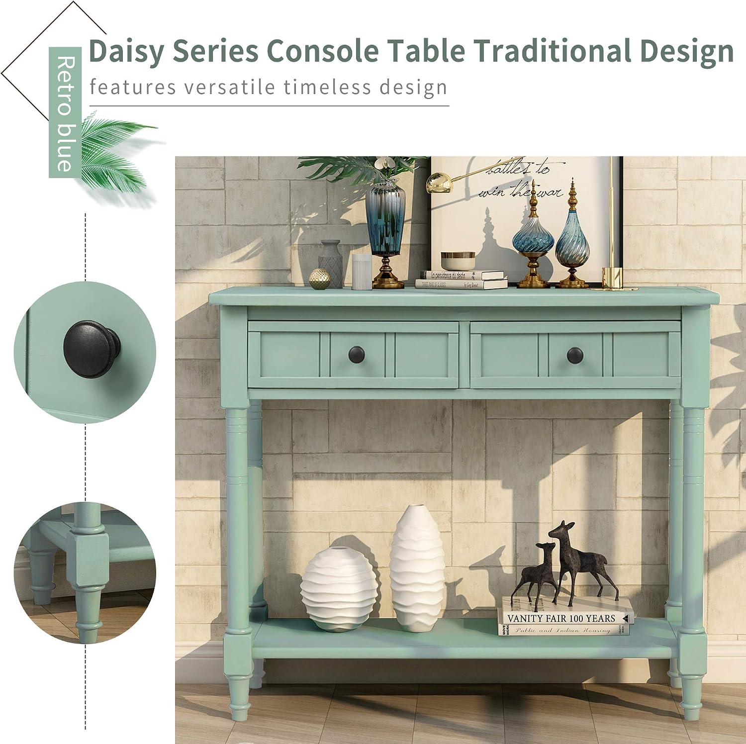 Merax Wood Farmhouse Entry Way Hallway Console Table with Drawers and Bottom Shelf Narrow Blue