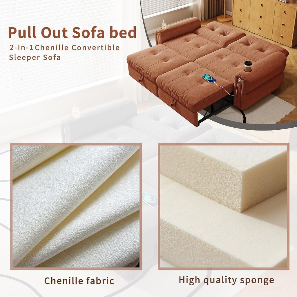 MAKIAAP Sleeper Sofa Bed, Queen Size Sofa Bed, Convertible Pull Out Couch with Adjustable Backrest, USB Port and Side Pockets, Modern 2 Seater Small Couches for Living Room, Space-Saving