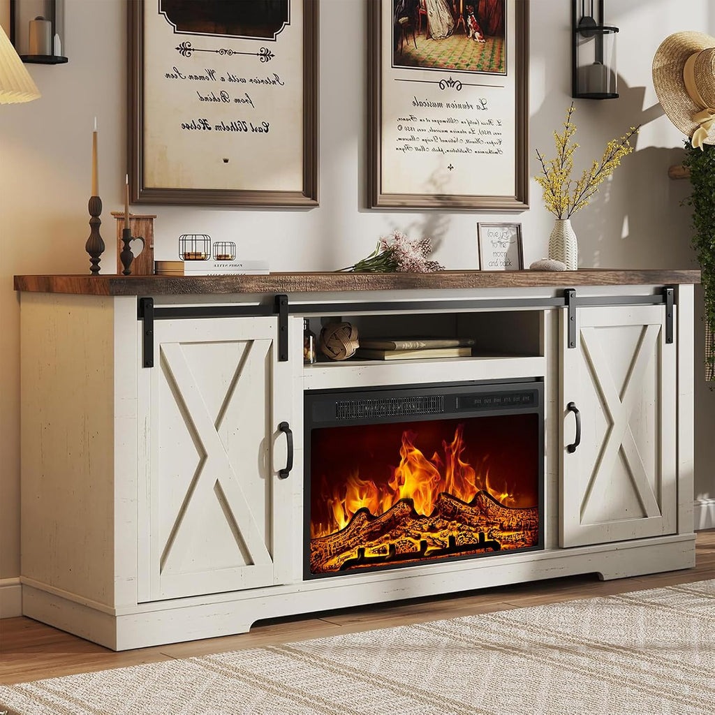 AMERLIFE 59' Fireplace TV Stand for TVs up to 65', Farmhouse Entertainment Center with Sliding Barn Doors, Storage Cabinets and Adjustable Shelves, Distressed White & Barnwood