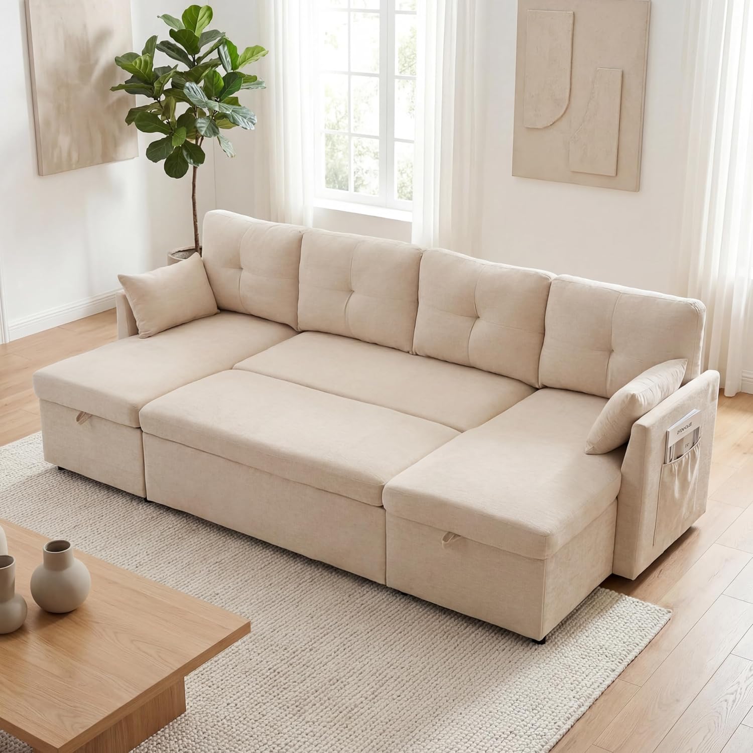 Huatean Home Oversized Sleeper Sofa Couch, 100 inch 2 in 1 Pullout Couch Bed with Side Pockets for Living Room, Sectional Sleeper Sofa Bed with Double Storage Chaise, Beige
