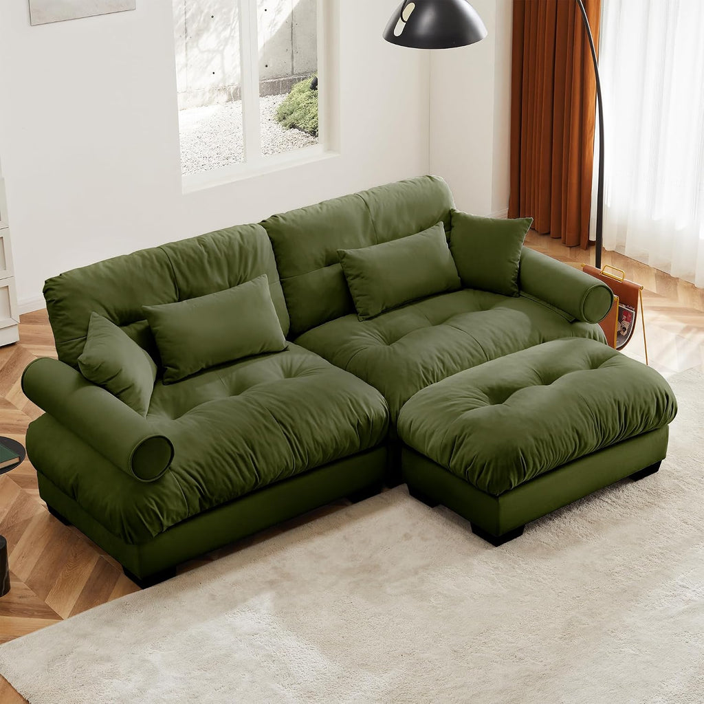 Loveseat Sofa 93.7' Modular Sectional Sofa, 2 Seater Modern Cloud L Shaped Couch, Oversized Sectional Couches for Living Room, Comfy Velvet Sofas Deep Seat Couch with 4 Pillows, Green
