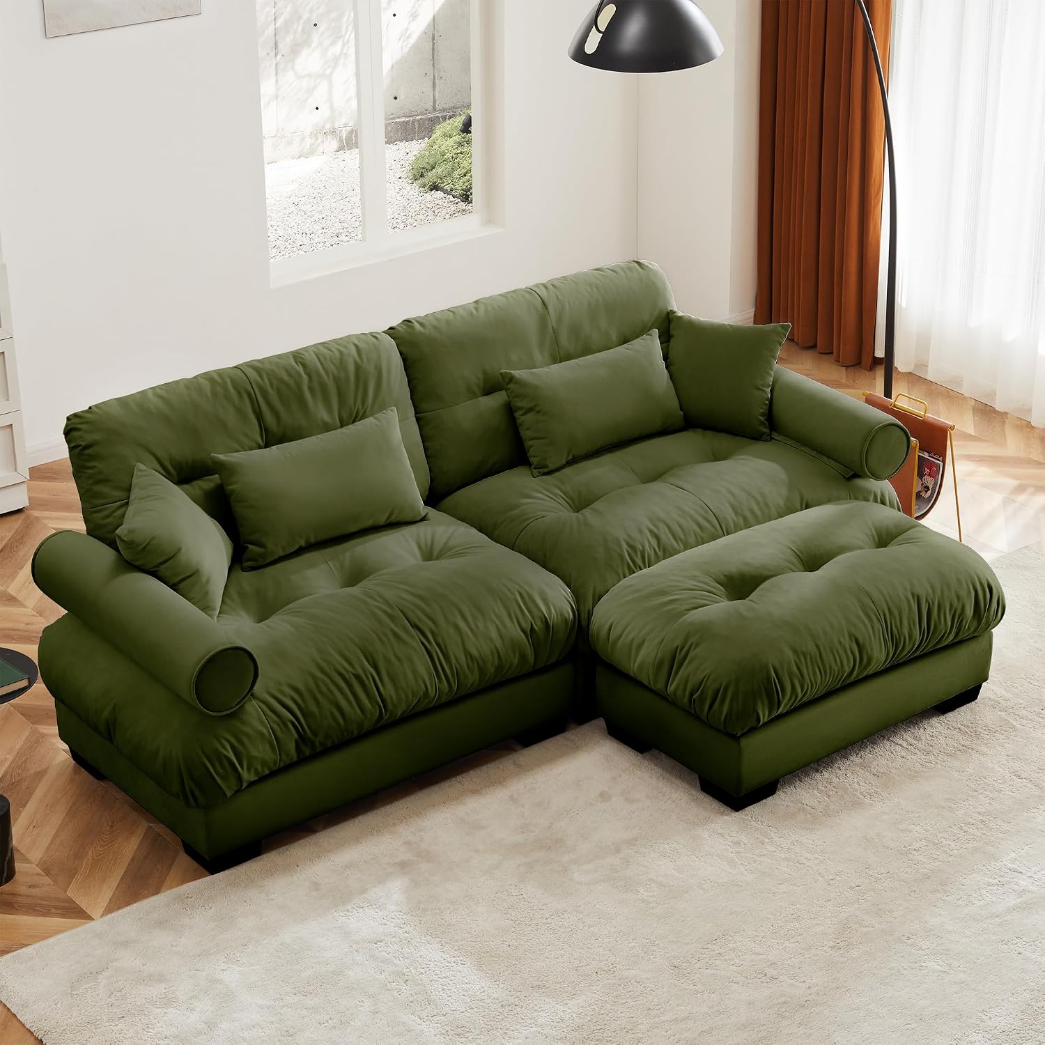 Loveseat Sofa 93.7' Modular Sectional Sofa, 2 Seater Modern Cloud L Shaped Couch, Oversized Sectional Couches for Living Room, Comfy Velvet Sofas Deep Seat Couch with 4 Pillows, Green