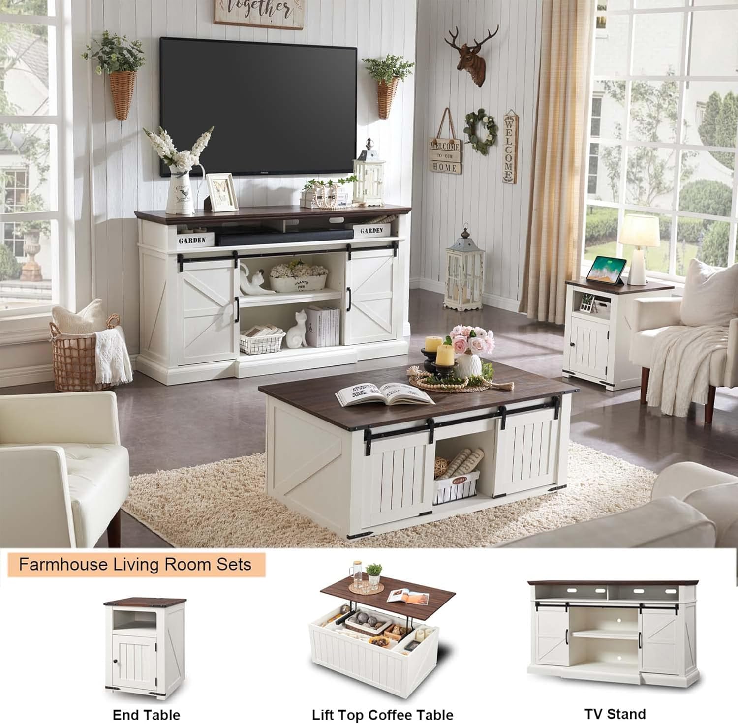 Farmhouse TV Stand for 80 Inch TVs, 37.4'Tall Entertainment Center w/Storage Cabinets and Sliding Barn Door, Media Console Cabinet w/Soundbar & Adjustable Shelves for Living Room, 70 inch (White)