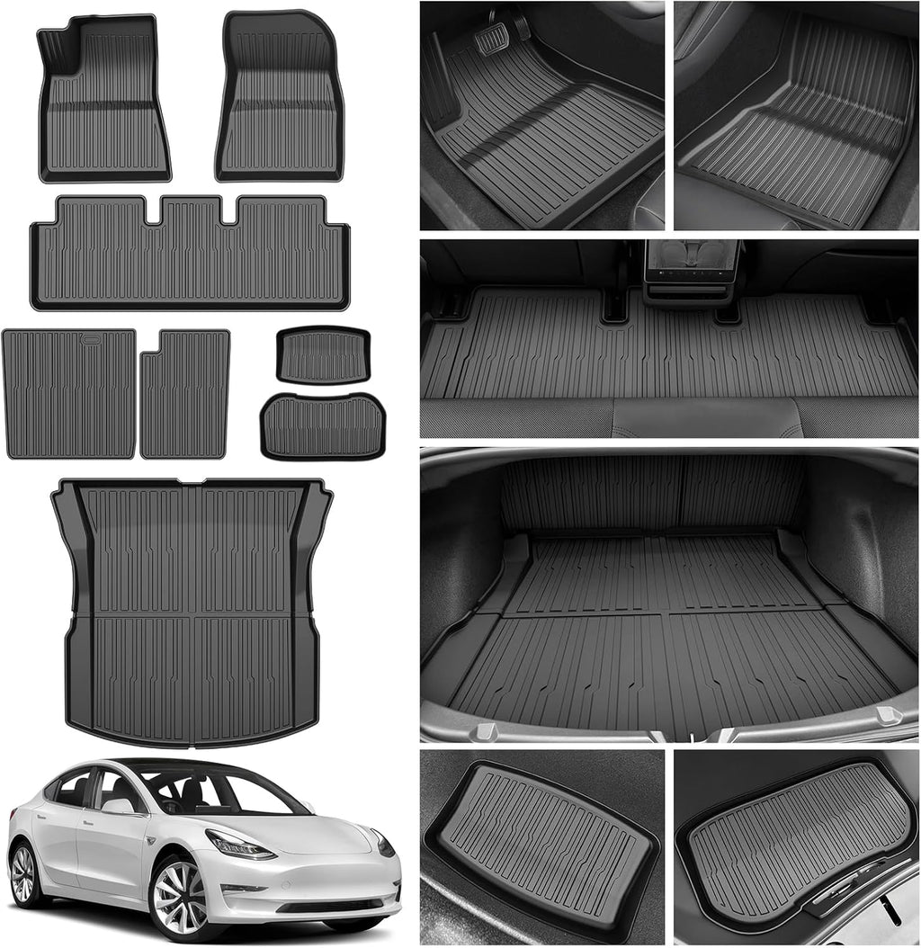 Powerty Floor Mats for 2024 2025 2026 Tesla Model 3 Highland 8 PCS Floor Cargo Liners Full Set All Weather TPE 3D 2 Row Liner Front Rear Storage Mat and Rear Seat Back Mats
