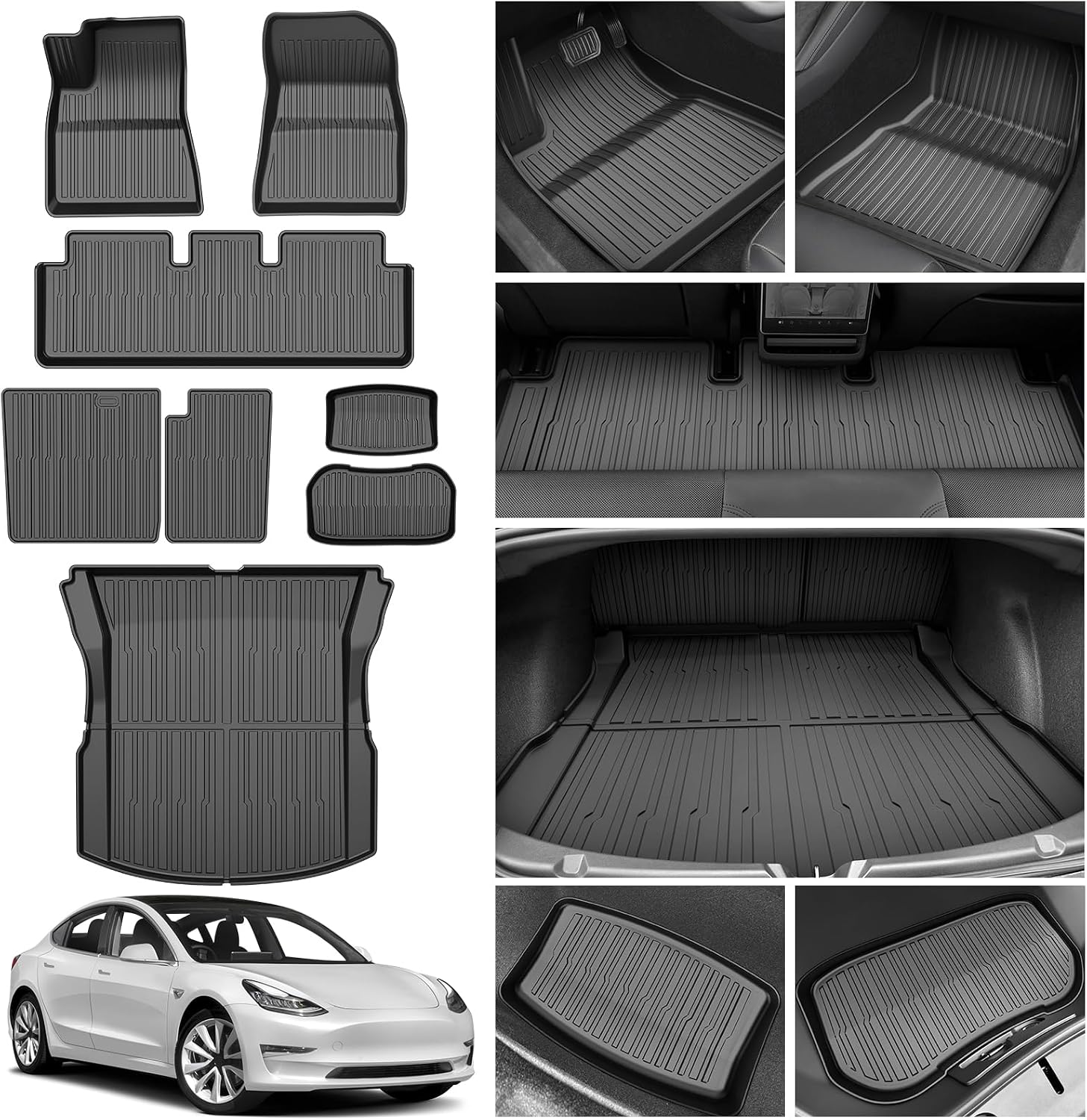 Powerty Floor Mats for 2024 2025 2026 Tesla Model 3 Highland 8 PCS Floor Cargo Liners Full Set All Weather TPE 3D 2 Row Liner Front Rear Storage Mat and Rear Seat Back Mats