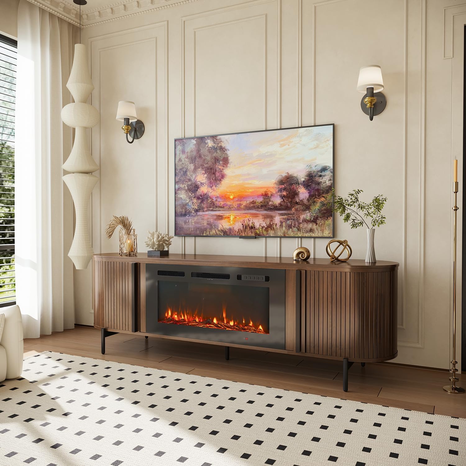Luxury 70' Fluted TV Stand with Fireplace, Modern Chic Entertainment Center for TVs Up to 80', TV Console for Living Room, Media Cabinet with Storage,70 Inch, Brown