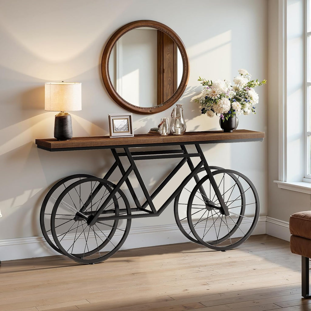 Tribesigns Extra Long Console Table, 70.9-Inch Narrow Sofa Table Behind Couch with Bicycle Metal Base, Industrial Entryway Table for Entrance, Hallway, Living Room, Brown