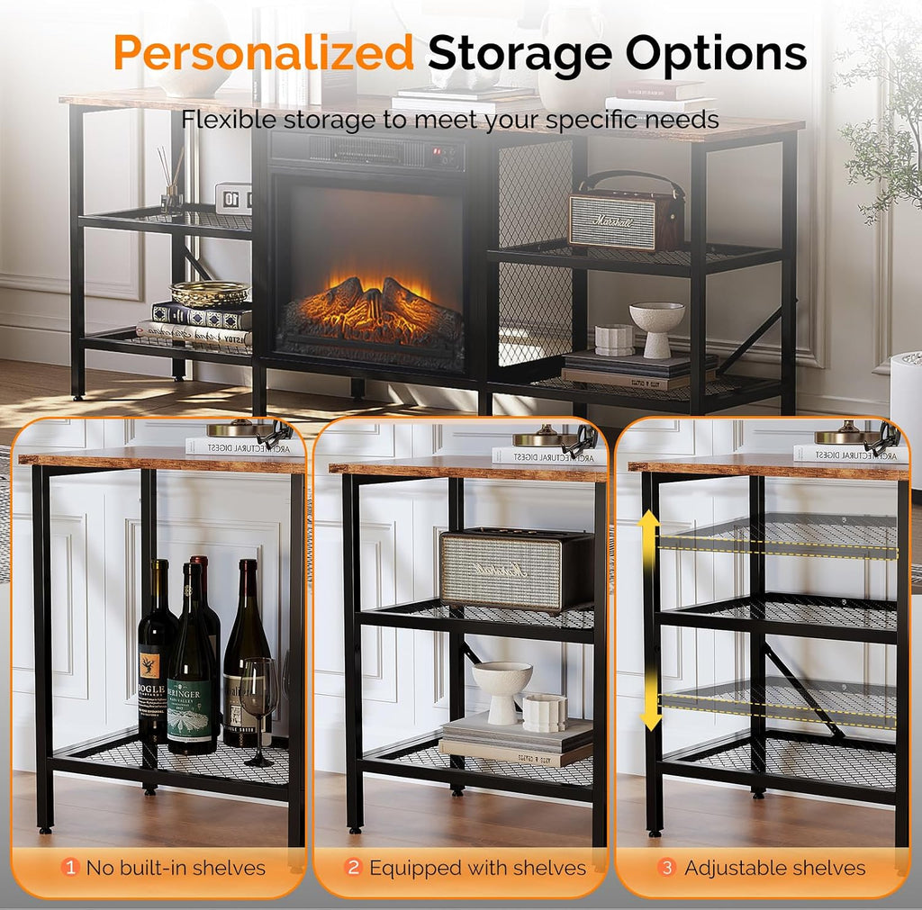 Bonnlo Industrial Fireplace TV Stand, 58' Entertainment Center with 18' Electric Fireplace Heater, TV Console with Open Metal Mesh Frame & Shelves up for 70 Inch TVs, Rustic Brown