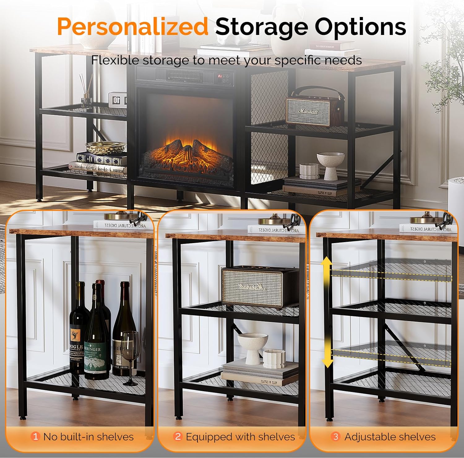 Bonnlo Industrial Fireplace TV Stand, 58' Entertainment Center with 18' Electric Fireplace Heater, TV Console with Open Metal Mesh Frame & Shelves up for 70 Inch TVs, Rustic Brown