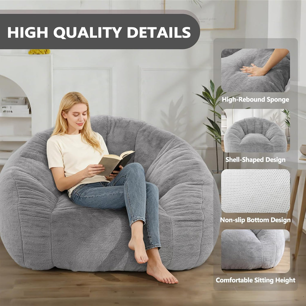 Bean Bag Chair for Adults, Soft Faux Fur Giant Beanbag Chairs, Oversized Cozy Bean Bag Couch Large Reading Chair, Comfy Bean Bag Sofa for Living Room, Bedroom & Dorm, Gray