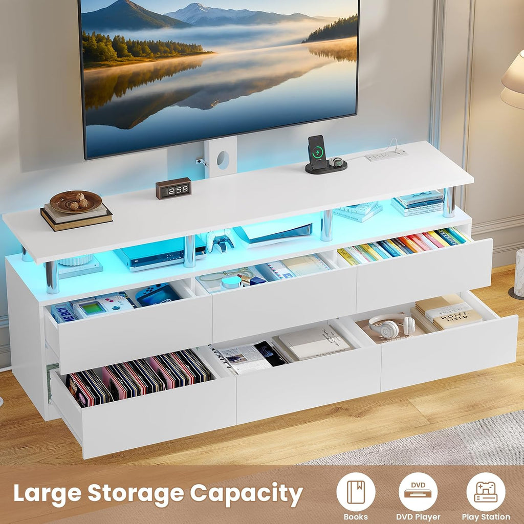 ADORNEVE TV Stand with Mount and Power Outlet, TV Mount for 32/45/55/60/65/70 inch TVs, Modern LED TV Stand with 6 Drawers,White Entertainment Center for Living Room,Bedroom