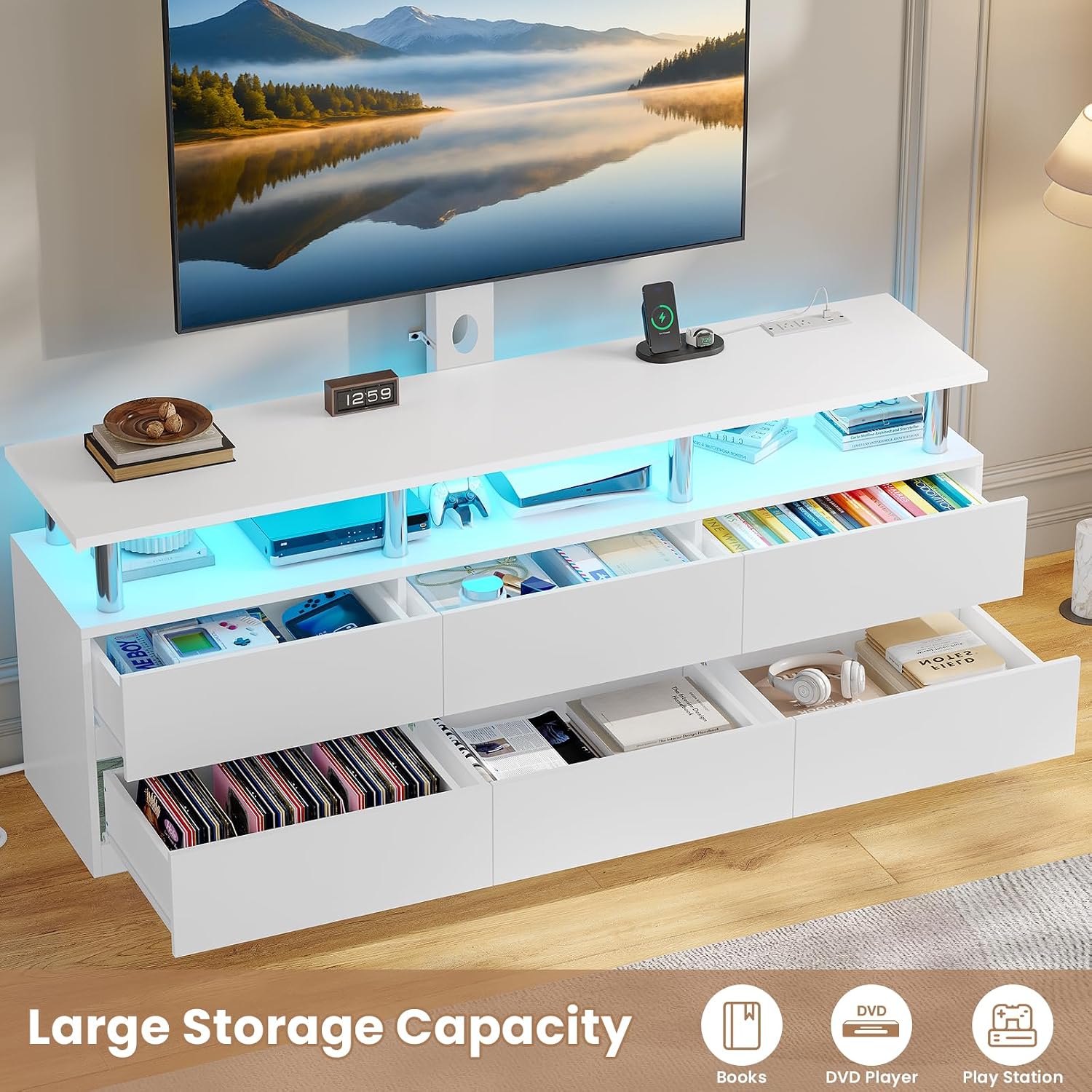 ADORNEVE TV Stand with Mount and Power Outlet, TV Mount for 32/45/55/60/65/70 inch TVs, Modern LED TV Stand with 6 Drawers,White Entertainment Center for Living Room,Bedroom