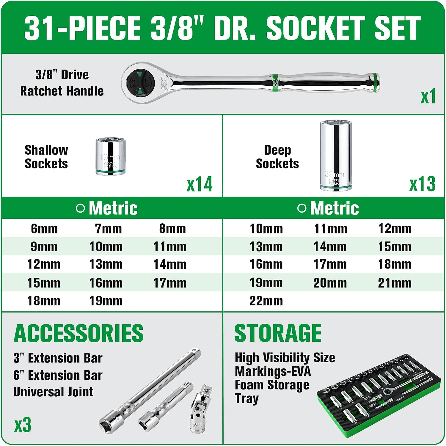 SK 3/8' Drive Socket Set with 160-P Ratchet, 31-Piece, Metric, SuperKrome Finish, Premium CR-V Construction, with EVA Foam Tool Organizer