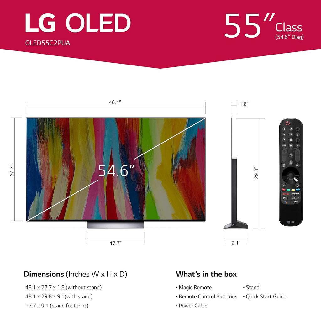 LG 55-Inch Class OLED evo C2 Series Alexa built-in 4K Smart TV, 120Hz Refresh Rate, AI-Powered 4K, Dolby Vision IQ and Atmos, WiSA Ready, Cloud Gaming (OLED55C2PUA, 2022) (Renewed)
