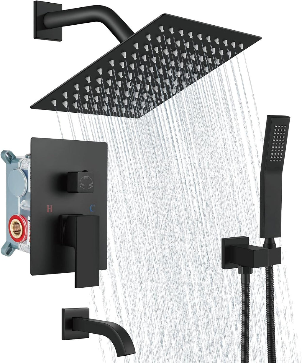 Aolemi Rainfall Shower System Shower Head Combo Set with Tub Filler Handheld Shower Luxury Rough-in Valve Included Wall Mount Bathroom Shower Mixer Faucet 8 Inch Shower Head Matte Black