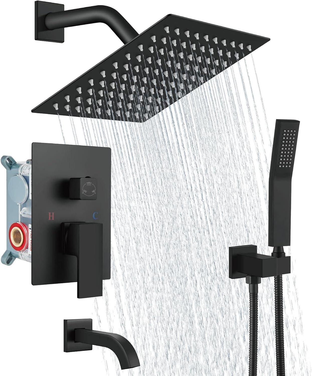 Aolemi Rainfall Shower System Shower Head Combo Set with Tub Filler Handheld Shower Luxury Rough-in Valve Included Wall Mount Bathroom Shower Mixer Faucet 8 Inch Shower Head Matte Black