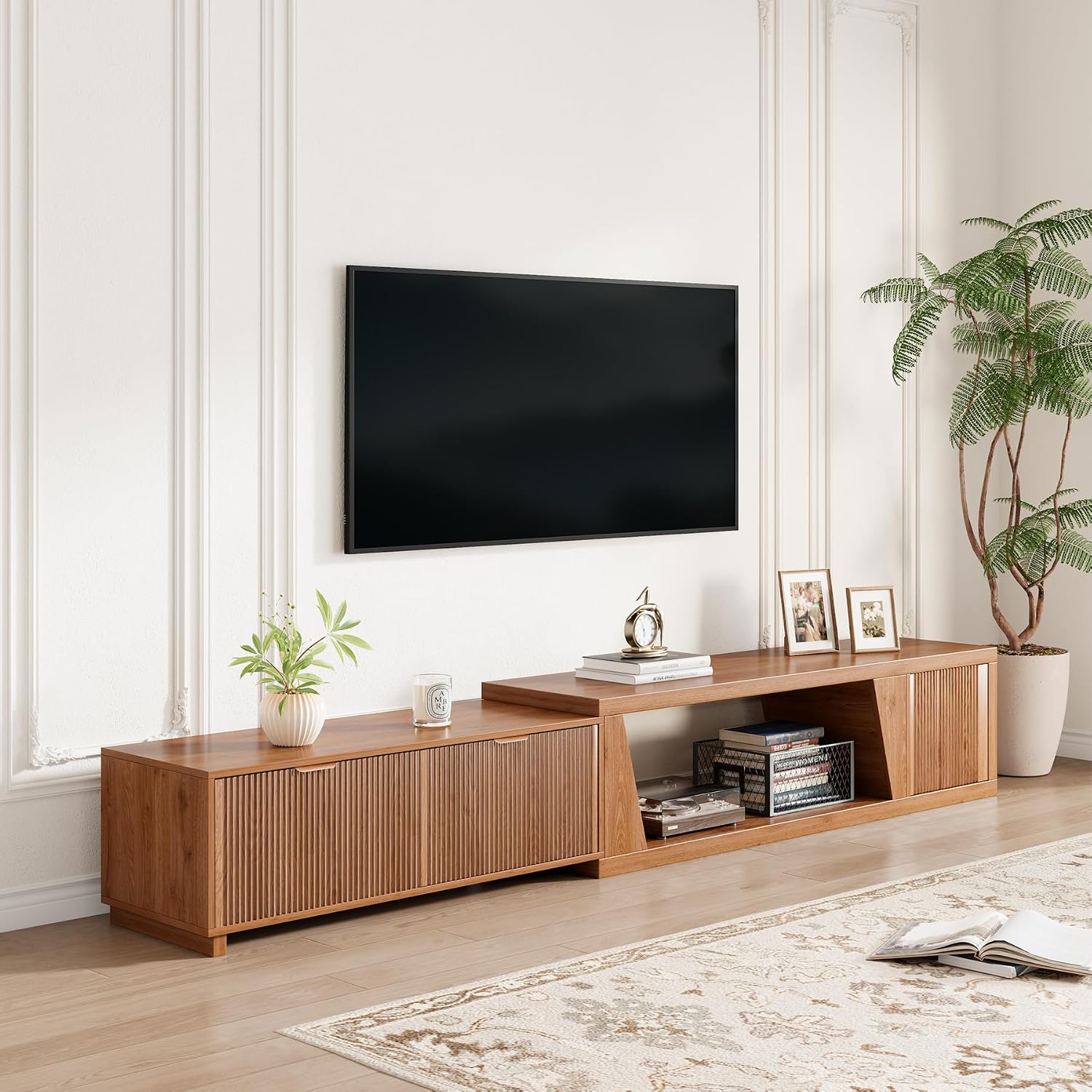 Epecoya 98 Inch Extendable TV Stands for Living Room, Wooden Extra Long TV Stand with Adjustable Shelf and Drawers, Fluted TV Console with Storage Cabinet, Warm Brown Oak (64.57' W-98.43' W)