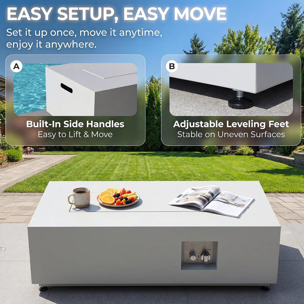 RADIATA 42' Rectangle Propane/Natural Gas Fire Pit for Outside Patio, Elegant Minimalist Lowprofile Firepit Table with Tank Table Long Large, 50000BTU Durable Sturdy Fireplace for Outside, Urban White