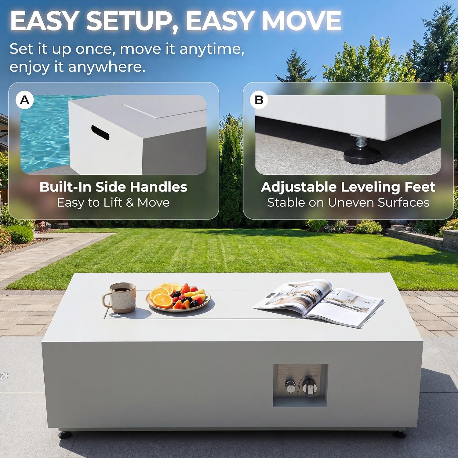 RADIATA 42' Rectangle Propane/Natural Gas Fire Pit for Outside Patio, Elegant Minimalist Lowprofile Firepit Table with Tank Table Long Large, 50000BTU Durable Sturdy Fireplace for Outside, Urban White