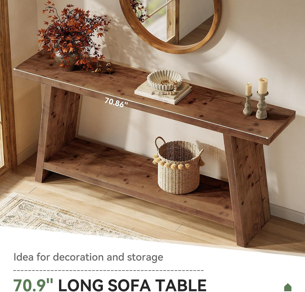 70.9'' Solid Wood Console Table, Narrow Long Sofa Table Behind Couch with 2-Tier Storage, Farmhouse Entryway Table for Living Room, Hallway, Foyer, Brown
