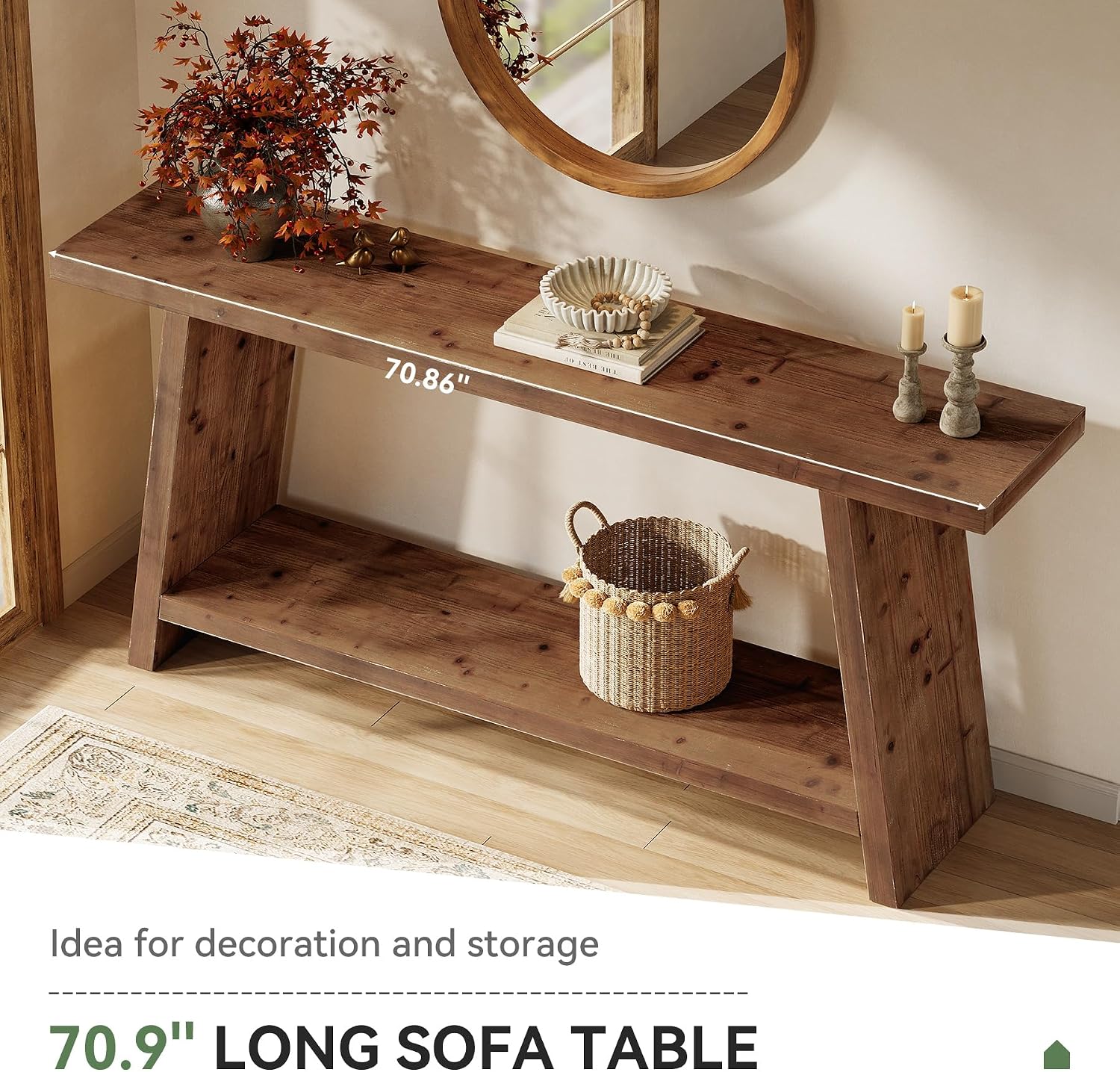70.9'' Solid Wood Console Table, Narrow Long Sofa Table Behind Couch with 2-Tier Storage, Farmhouse Entryway Table for Living Room, Hallway, Foyer, Brown