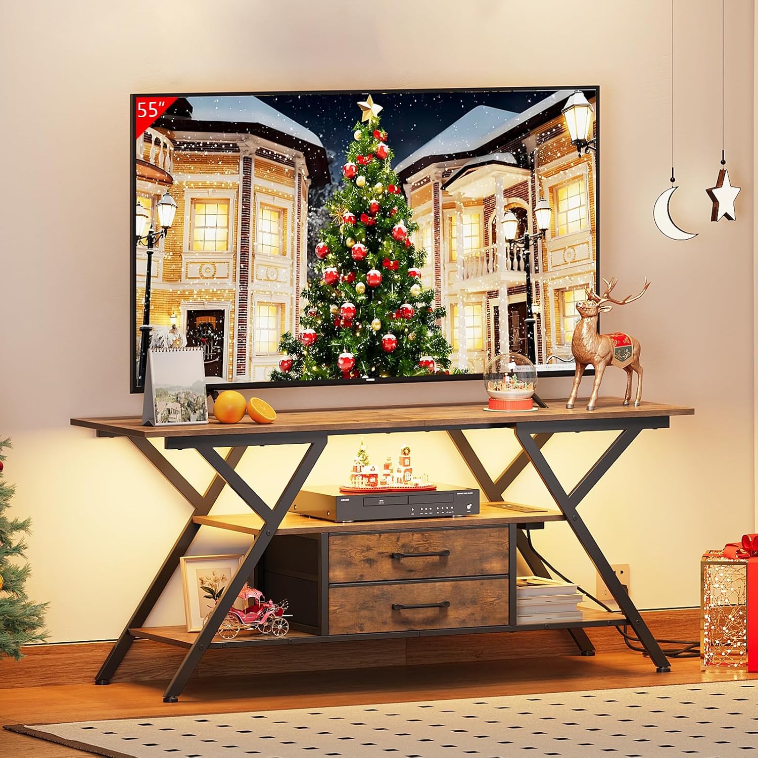 Simoretus TV Stand with Power Outlet and LED Lights, Fits TVs up to 65', 2 Fabric Drawers Entertainment Center with Open Storage Shelves, Media Console for Living Room, Bedroom (Rustic Brown)