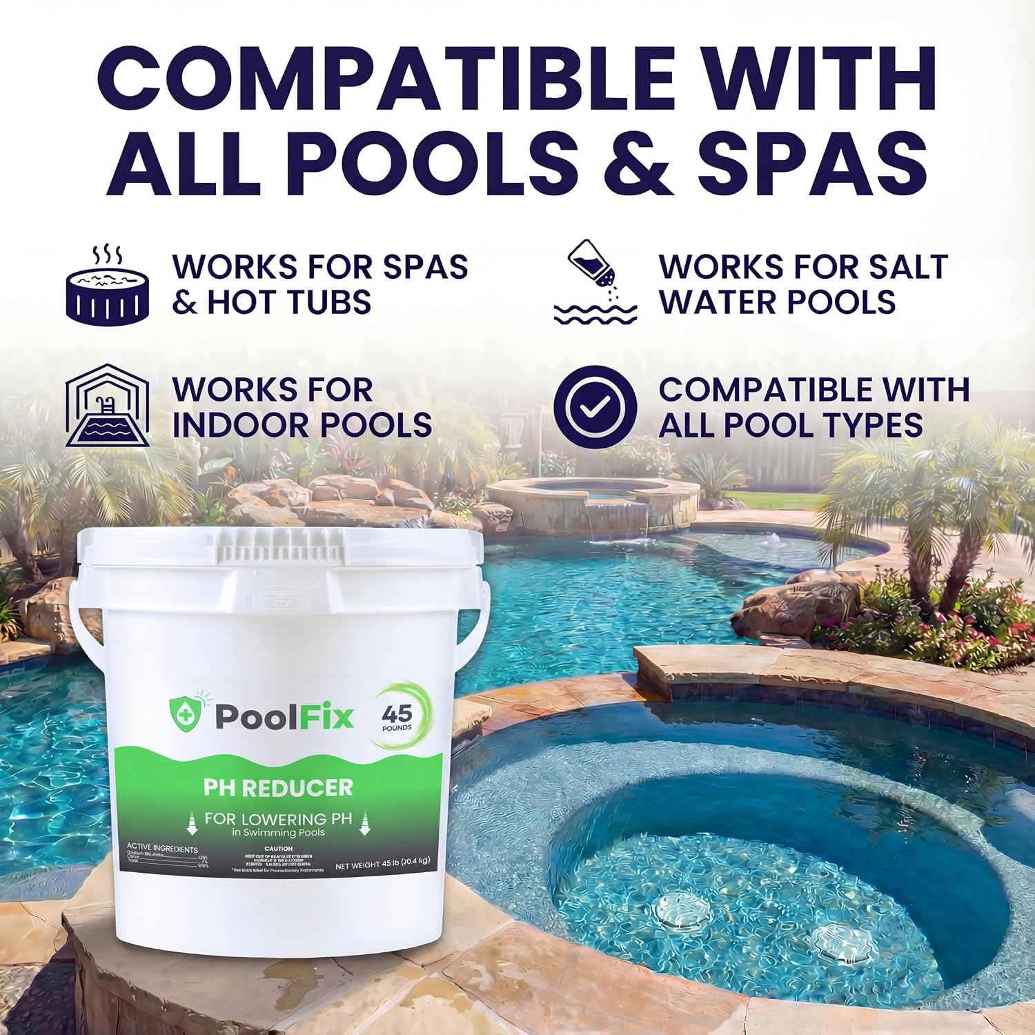 PH Reducer for Pools 45lb Bucket – Sodium Bisulfate Dry Acid for Swimming Pools, Spas & Hot Tubs, Lowers pH and Alkalinity, Prevent Cloudy Water & Balance pH Levels (45 Pounds)