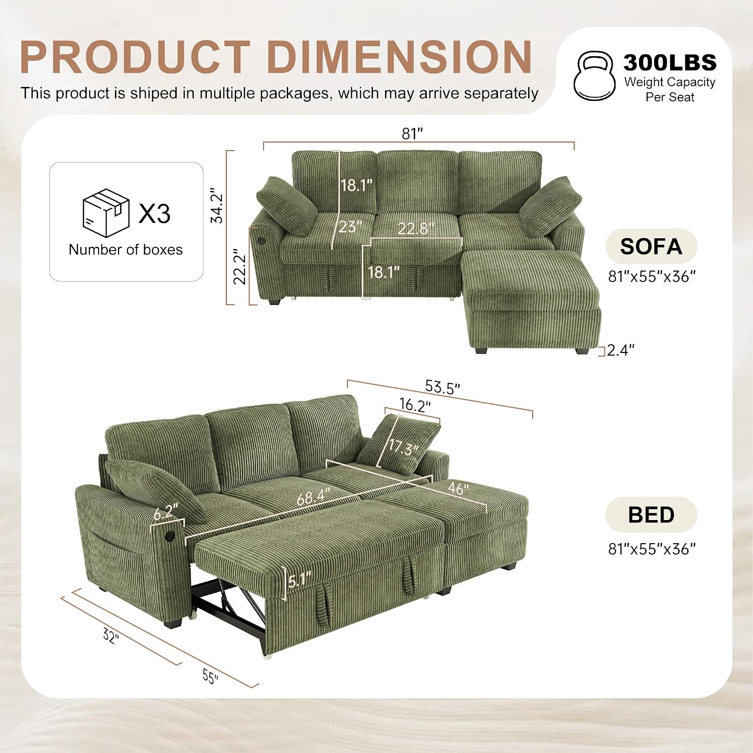 Hanherry 81' Sectional Couch with Pull Out Sofa Bed,Corduroy Sleeper Sofa with Storage Ottoman & USB Charging,Comfy L Shaped Modular Couches for Living Room,Apartment | USB charging port, side pockets, Corduroy fabric