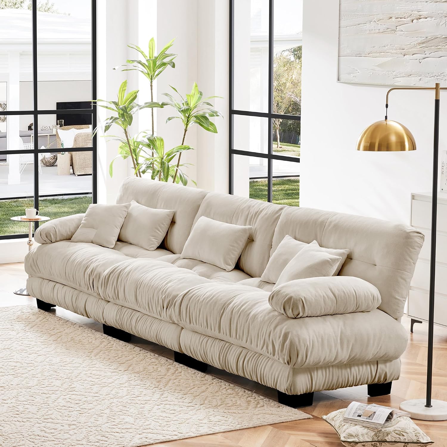 Modular Sectional Sofa Cloud Couch, 133.8' Modern Deep Seat Sectional Couches for Living Room, Oversized Modular Couch with 5 Pillows, 3 Seater Comfy Chenille Sofa Bed for Bedroom, Light Coffee