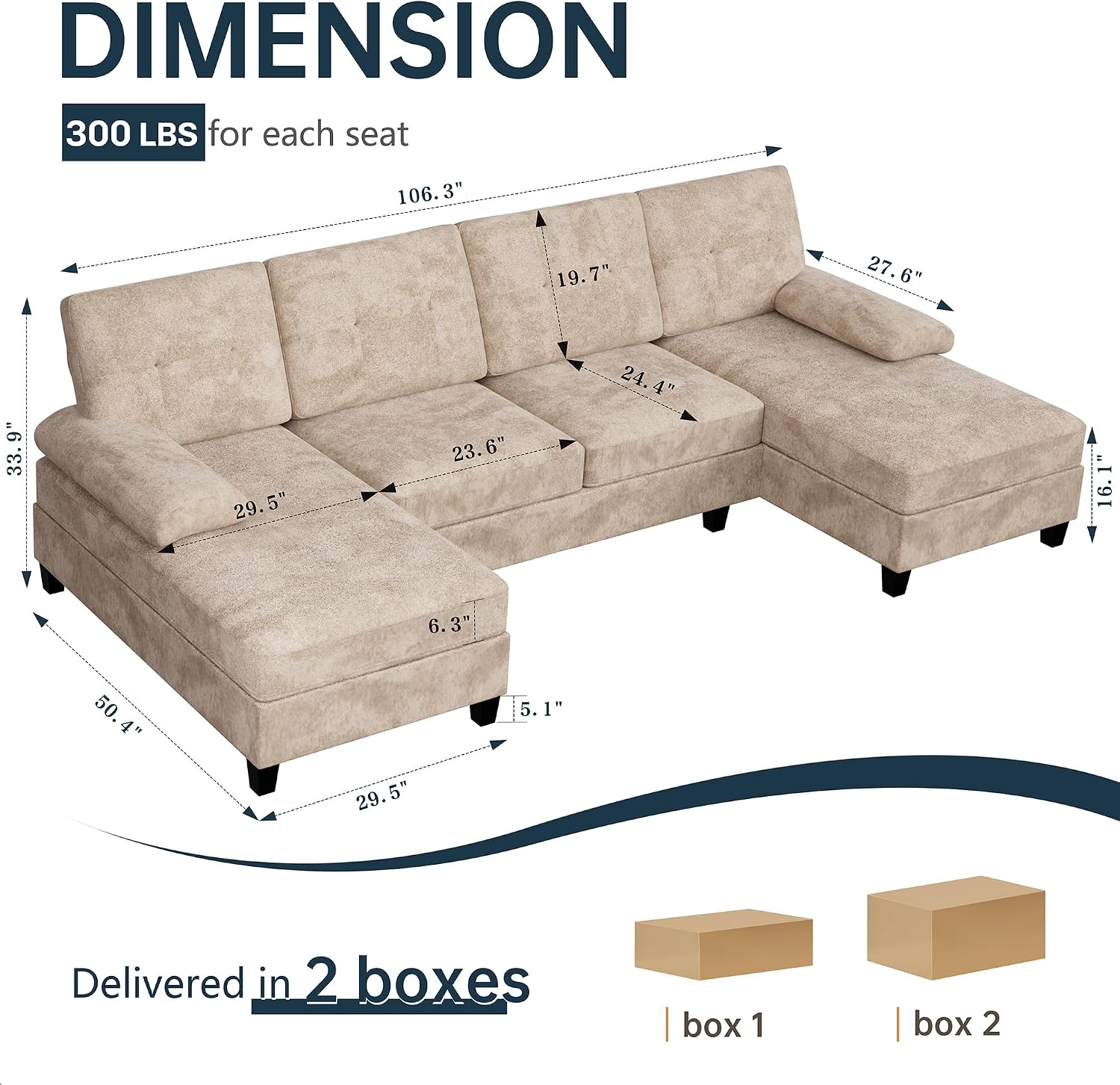 Sectional Couches for Living Room, 4 Seat Sofa Set U Shaped Couch with Double Chaise Lounges, Large Couch for Apartment (Light Beige)