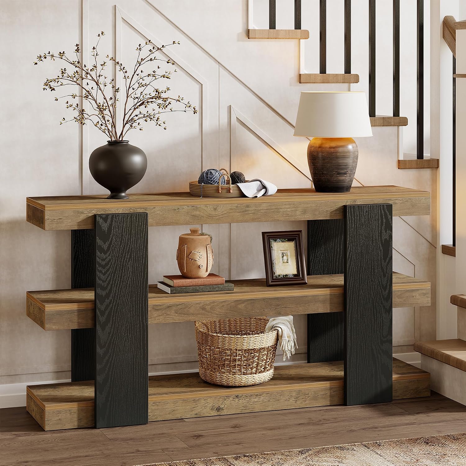 Tribesigns 63-Inch Long Console Table, 3-Tier Entryway Table with Storage, Farmhouse Wood Behind Couch Tables for Entryway, Living Room, Hallway, Rustic Brown & Black