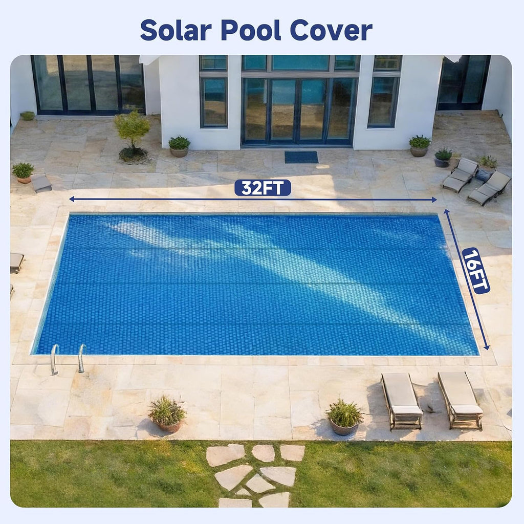 Real Relax Solar Pool Cover, Durable 12 mil 16 × 32 ft Pool Covers for Inground & Above Ground Pools, Solar Pool Heater, Rectangle Solar Blanket with Bubbles, Blue