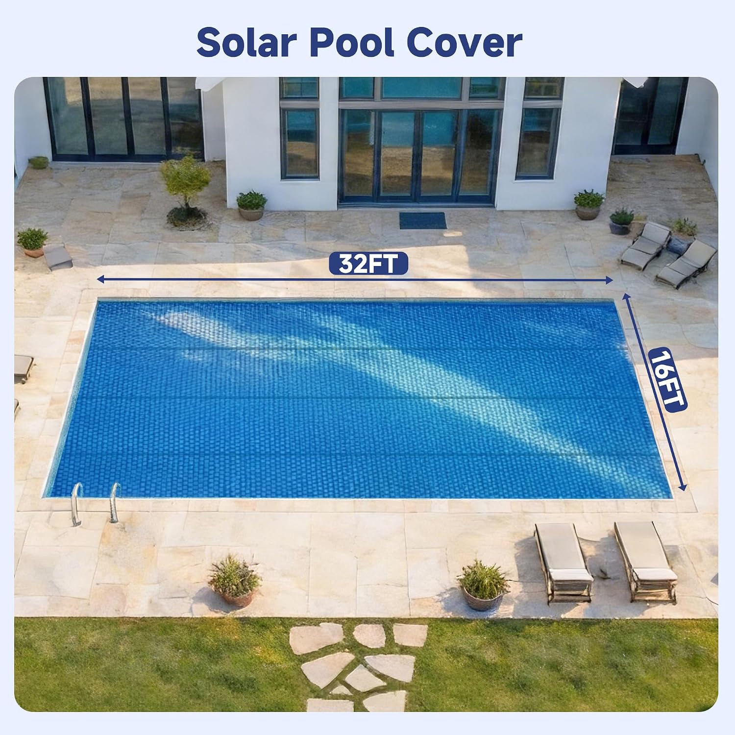 Real Relax Solar Pool Cover, Durable 12 mil 16 × 32 ft Pool Covers for Inground & Above Ground Pools, Solar Pool Heater, Rectangle Solar Blanket with Bubbles, Blue