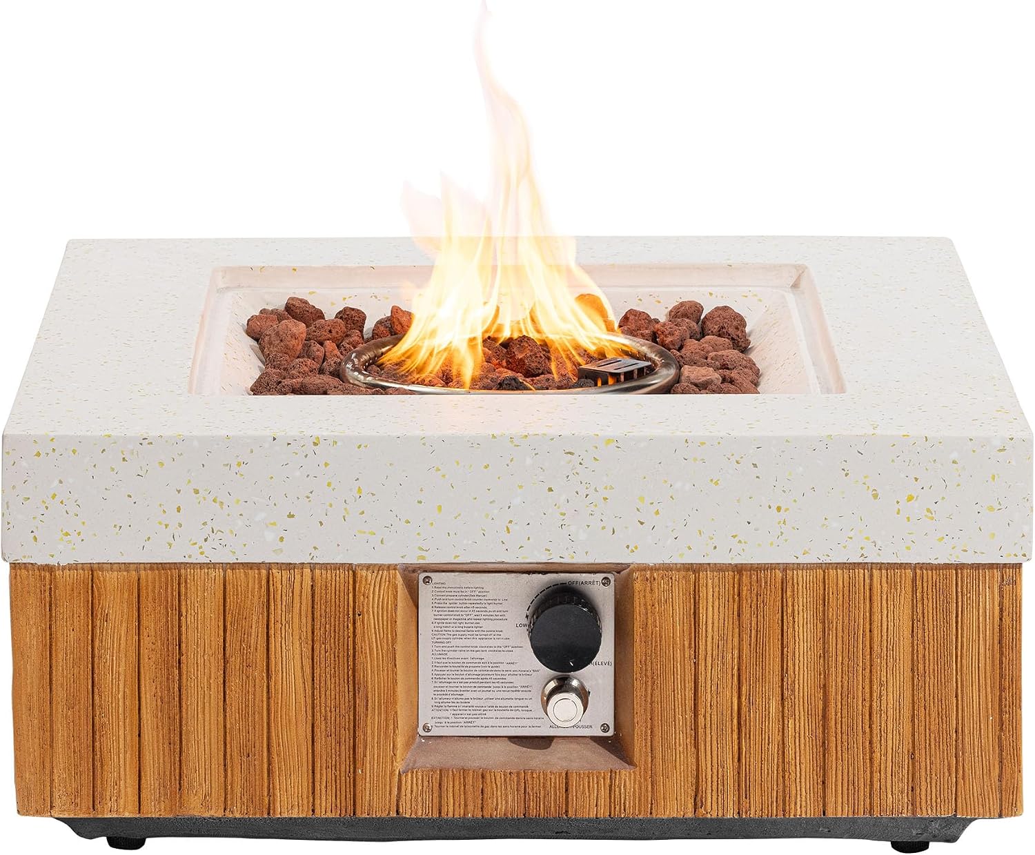 COSIEST 28' Outdoor Propane Fire Pit Table, Small Square Gas Fire Pit Table with Concrete & Log Wood Grain Design, 50000BTU Fire Tables for Patio, Backyard, Garden Heating