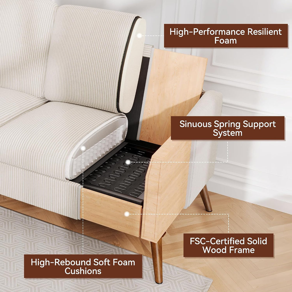Vipbear 68' Loveseat Sofa - Cream White, Comfy Corduroy with Spring Cushion, Solid Wood Frame, Modern Deep Seat, Bedroom & Living Room, Office Small Couch