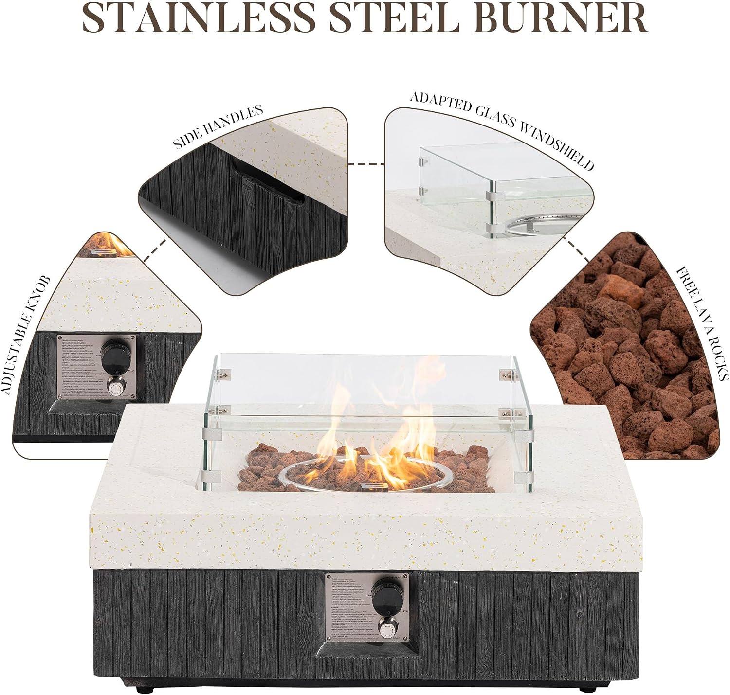 COSIEST 35' Outdoor Propane Fire Pit Table w Tank Cover & Wind Guard, Square Gas Fire Pit Table with Concrete & Wood Grain Design, 50000BTU Fire Tables for Patio, Backyard, Garden