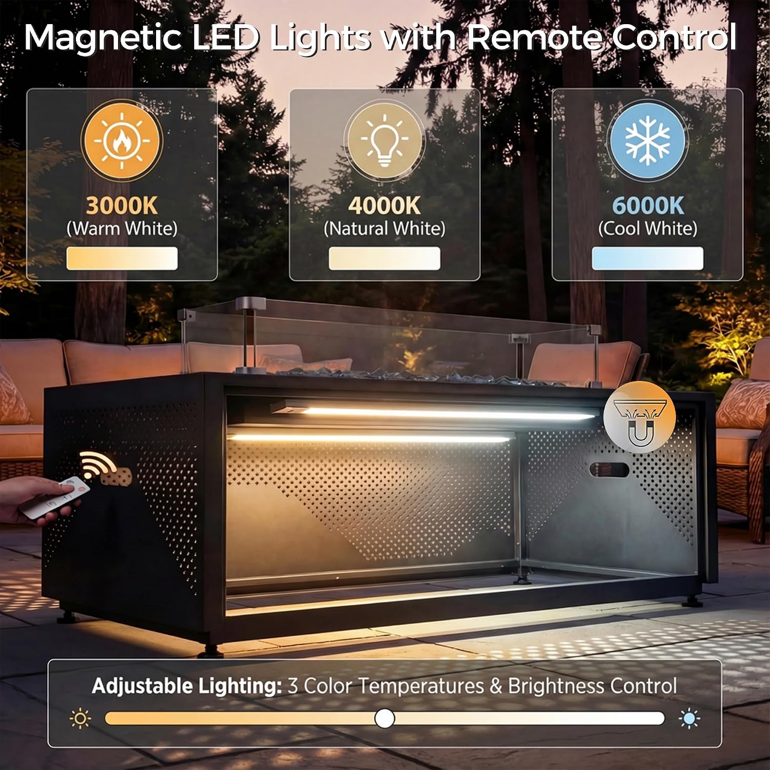 RADIATA 42' Rectangle Propane/Natural Gas Firepit for Patio, 50000BTU Outdoor Lowprofile Fireplace with Tank Table & LED Lights, Rain Cover, CSA Certified, Backyard Fire Pit for Porch Deck, Dark Gray