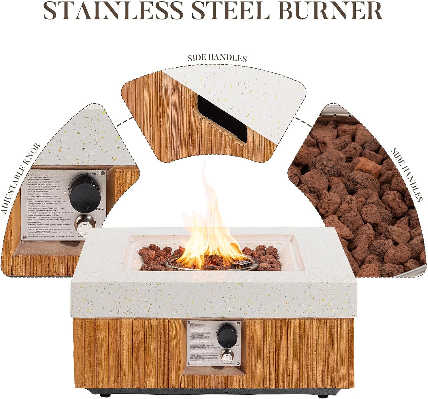 COSIEST 28' Outdoor Propane Fire Pit Table, Small Square Gas Fire Pit Table with Concrete & Log Wood Grain Design, 50000BTU Fire Tables for Patio, Backyard, Garden Heating