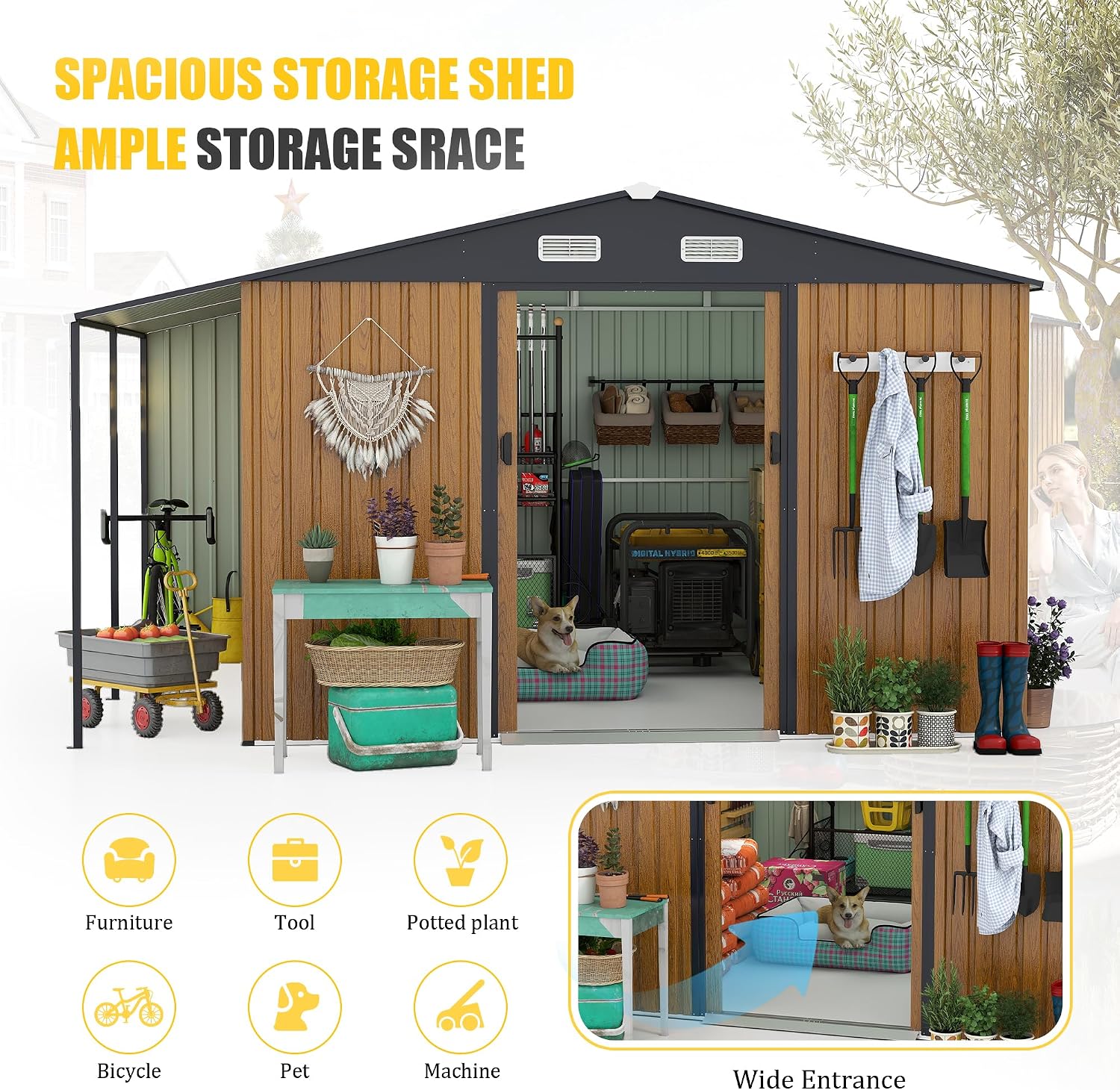 KEIKI 10x12 FT Outdoor Storage Shed, Extra Large Metal Shed with Lockable Doors, Windows, Outside Steel Tiny House Ideal for Garden, Backyard, Patio Utility, Tool Storage, Chicken Coops, Yellow