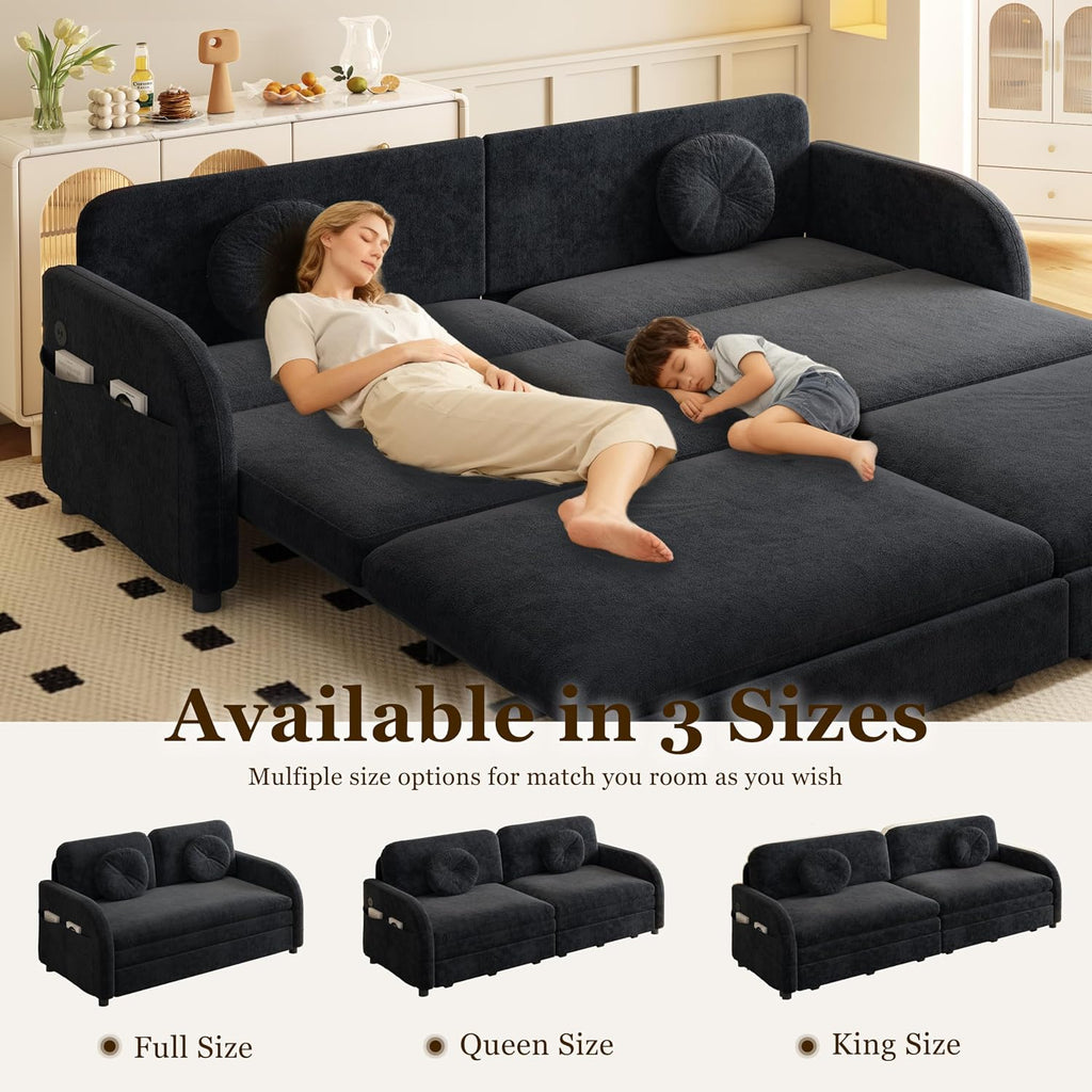 81.1'' Pull Out Couch Bed King Size, Chenille Sleeper Sofa Daybed, 3 in 1 Convertible Couches, Futon Sofa with 2 Pillows, Storage Pockets, USB, 3-Seater for Small Spaces, Living Room, Grey