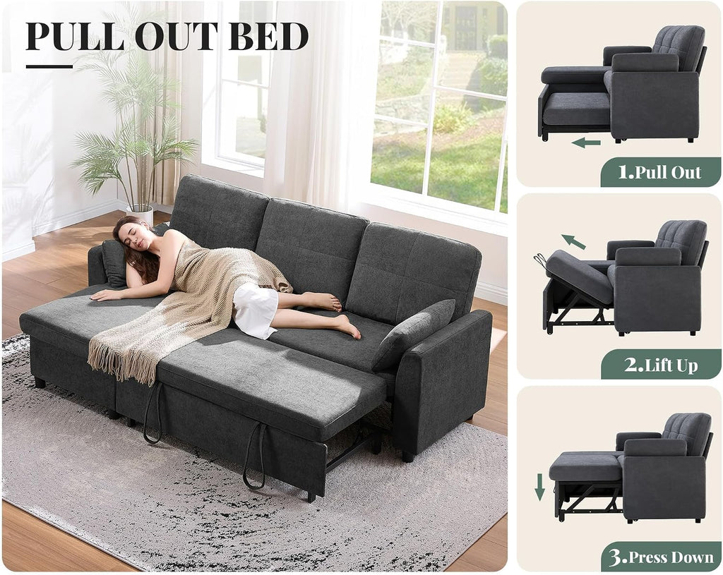 Jocisland L Shaped Sofa Bed, Sleeper Sofa with Storage Chaise, Convertible Couch Bed with Pull Out Couch for Living Room, Linen Gray