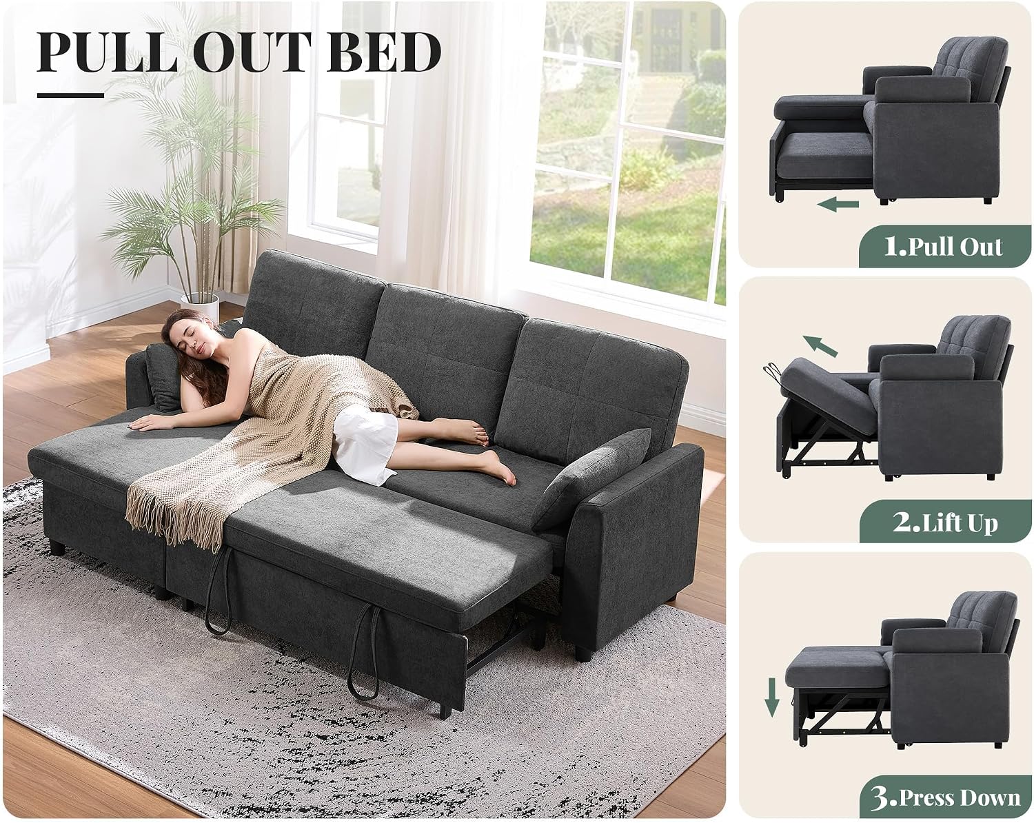 Jocisland L Shaped Sofa Bed, Sleeper Sofa with Storage Chaise, Convertible Couch Bed with Pull Out Couch for Living Room, Linen Gray