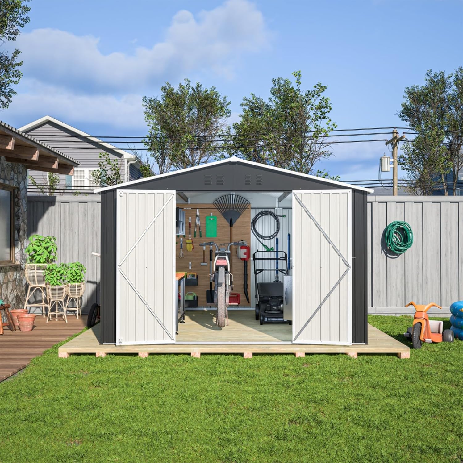 Outdoor Storage Shed 10x12 FT, Metal Tool Shed with Lockable Doors & Reinforced Frame, Large Waterproof Garden Shed for Backyard, Lawn Mower, Patio Furniture - Includes Padlock & Gloves, Black