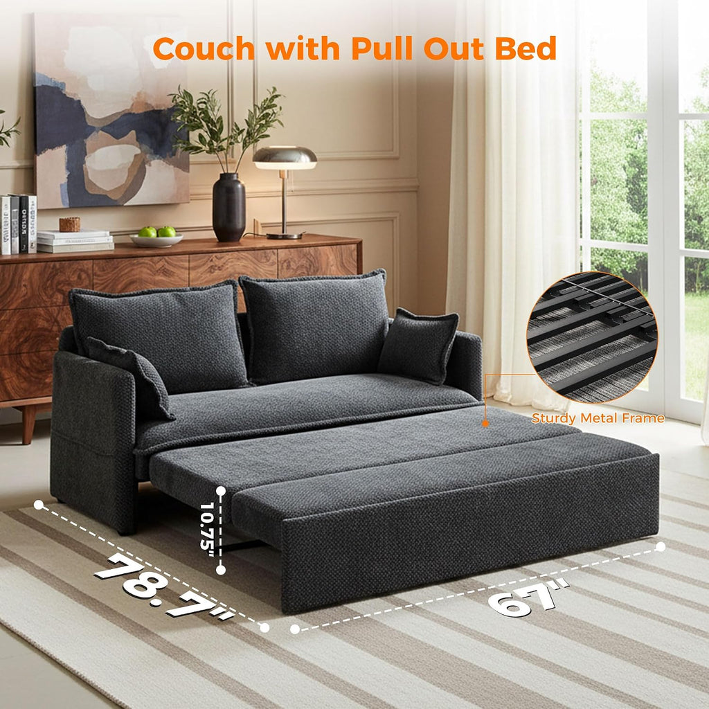 2 in 1 Queen Size Sofa Bed, 59.5' Convertible Sofa with USB/C-Type Ports, Corduroy Sleeper Sofa with Side Pockets, Loveseat Chaise for Small Spaces, Living Room & Bedroom (Grey)